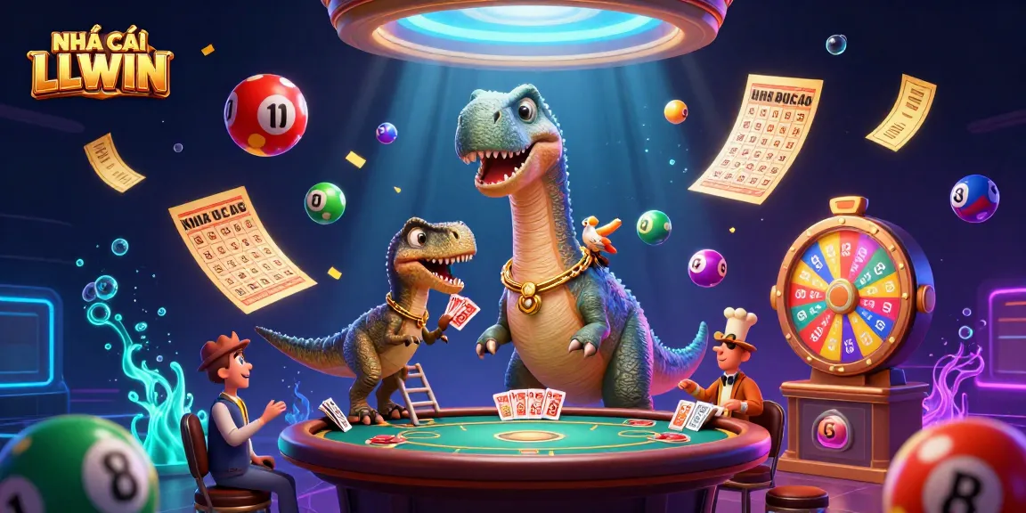 Engage in excitement with NHÀ CÁI LLWIN as a giant dinosaur observes a poker table!