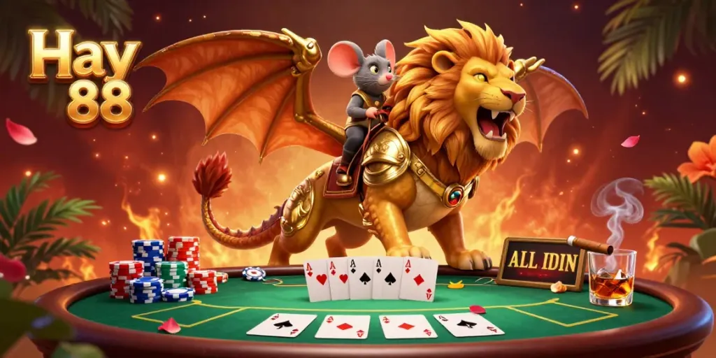 Join the excitement at Hay 88 with a roaring chimera and vibrant poker elements in a captivating casino scene.