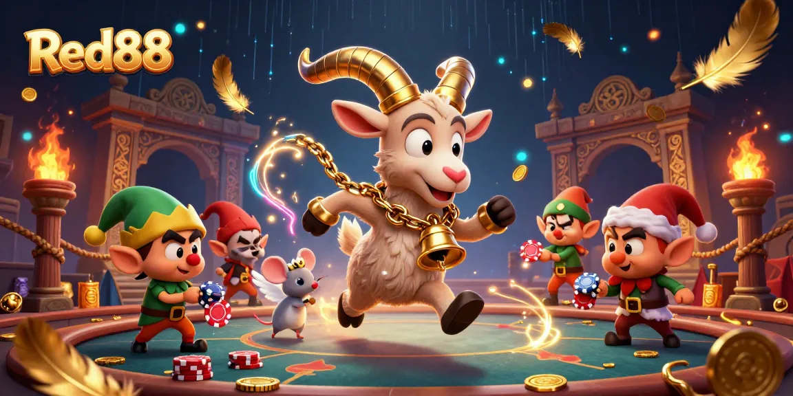 Experience thrilling moments at Red88's casino with playful characters in an energetic gaming scene.