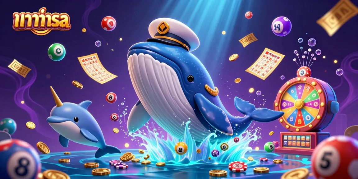 Experience บาคาร่าsa with a cartoon whale captain, playful dolphins, and lottery excitement.
