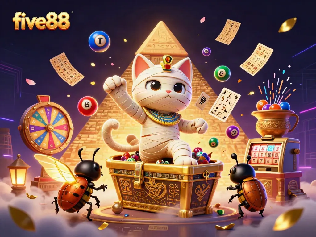 five88 showcases an Egyptian mummy cat and scarab beetle in a dynamic casino scene, capturing vibrant gaming energy.