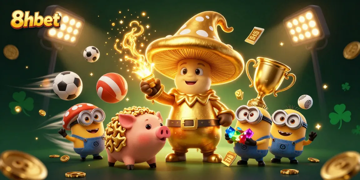 Bet on 8xbet with a magical scene of a wizard and treasure amidst sporty elements.