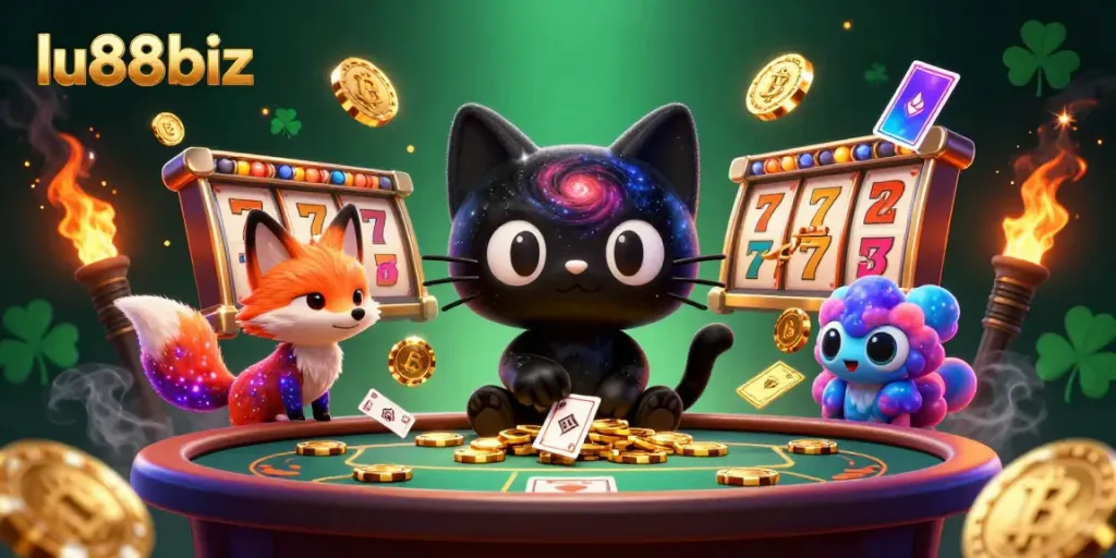 Engage with lu88biz at a lively cosmic casino, capturing the thrill of winning with vibrant visuals.