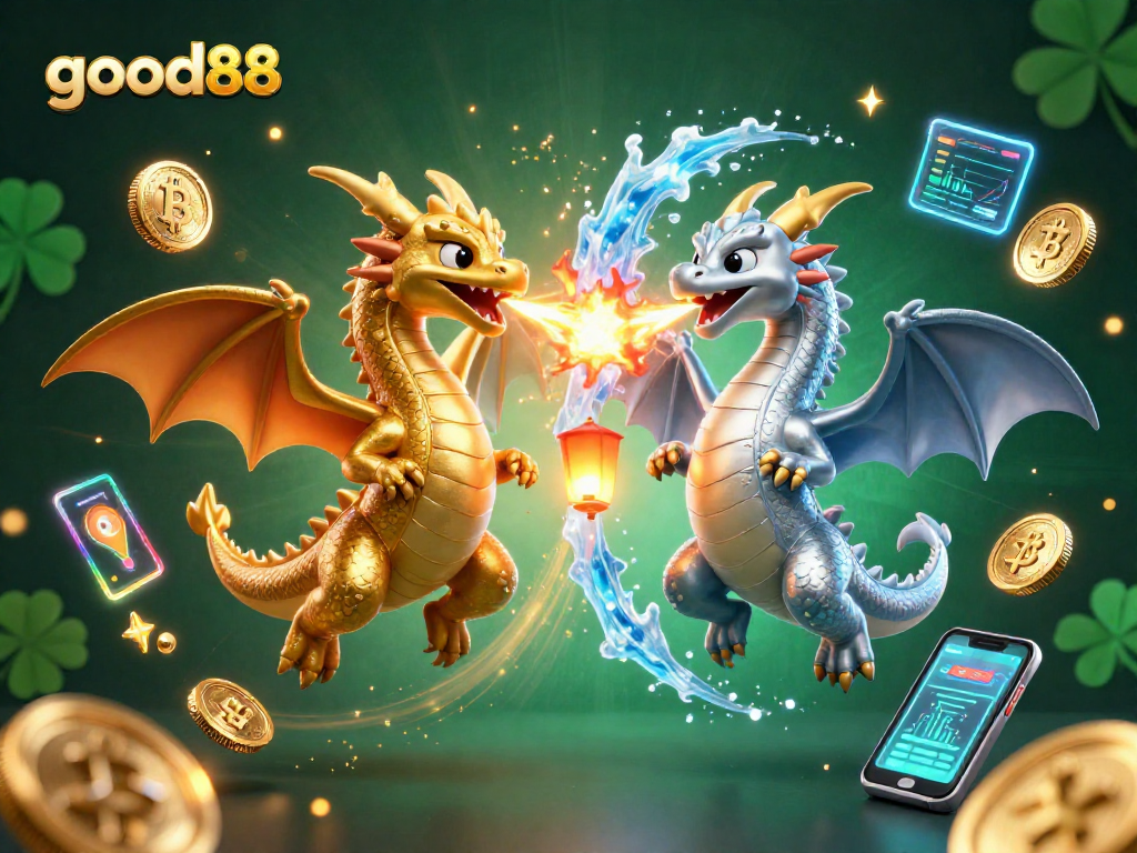 Experience thrilling gaming action with good88, featuring dynamic dragons and crypto coins in an exciting casino environment.