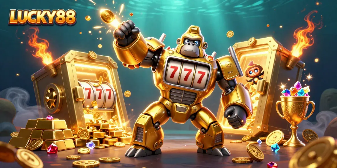 LUCKY88 embodies high-stakes excitement with a dynamic 3D illustration of a golden gorilla mech.