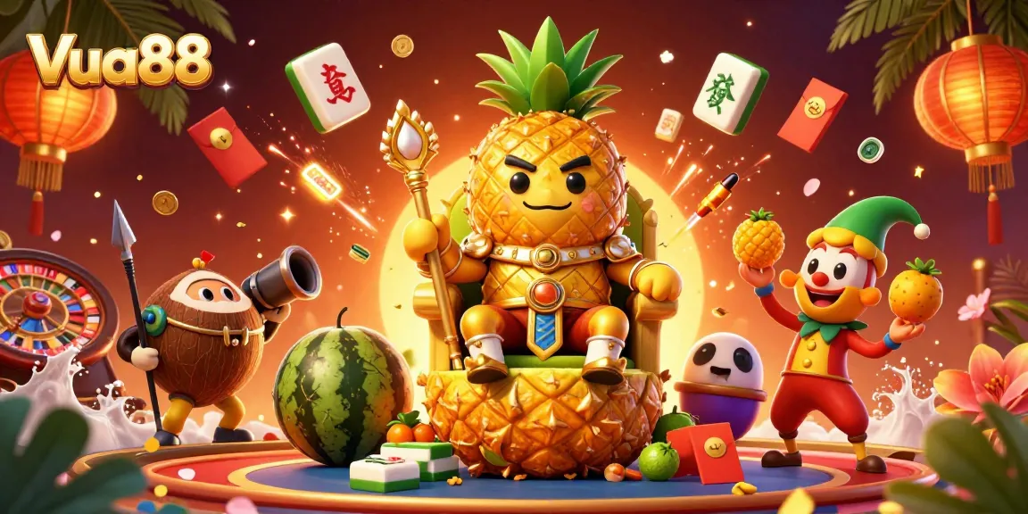 Experience Vua88 with vibrant casino characters and dazzling gambling elements in a dynamic scene.
