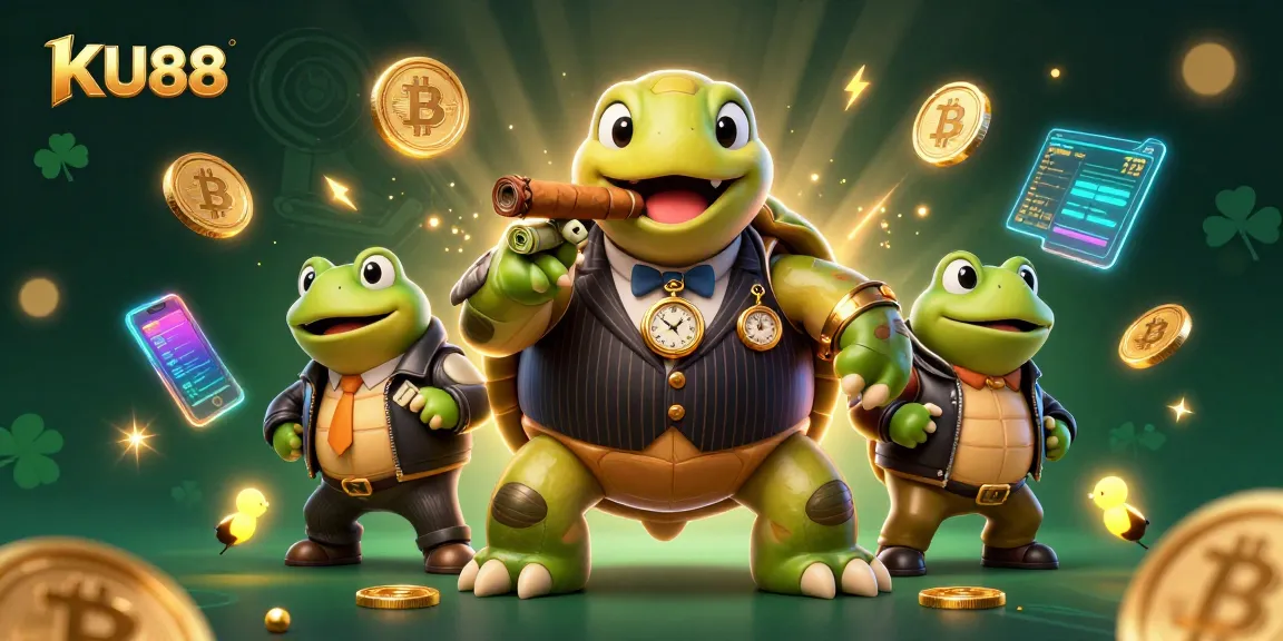 KU88 showcases a cartoon turtle mobster and bullfrog enforcers amidst crypto-themed casino elements.