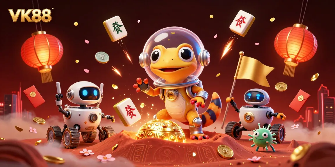 Experience the thrilling world of VK88 casino games through this vibrant, dynamic 3D illustration.