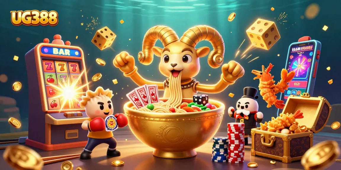 Engage with the thrilling world of UG388 casino games and sports betting in a vibrant and dynamic illustration.