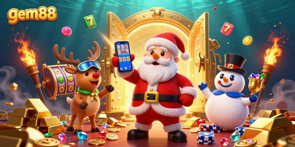 Engage with gem88's thrilling jackpot slots through Santa Claus and friends enjoying a vibrant casino scene.