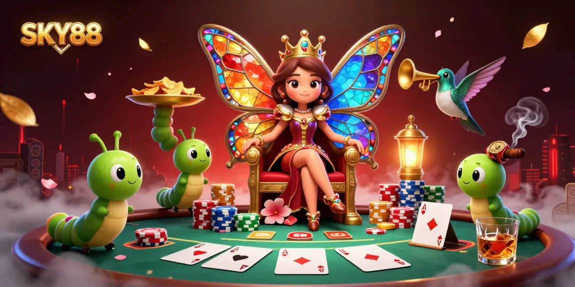 Engage with the vibrant world of SKY88, featuring a butterfly queen and poker elements in a dynamic casino scene.