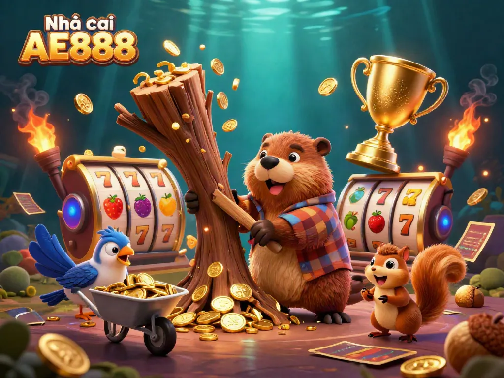 Engage with Nhà cái AE888 as the beaver character chops trees raining gold coins, showcasing casino excitement.