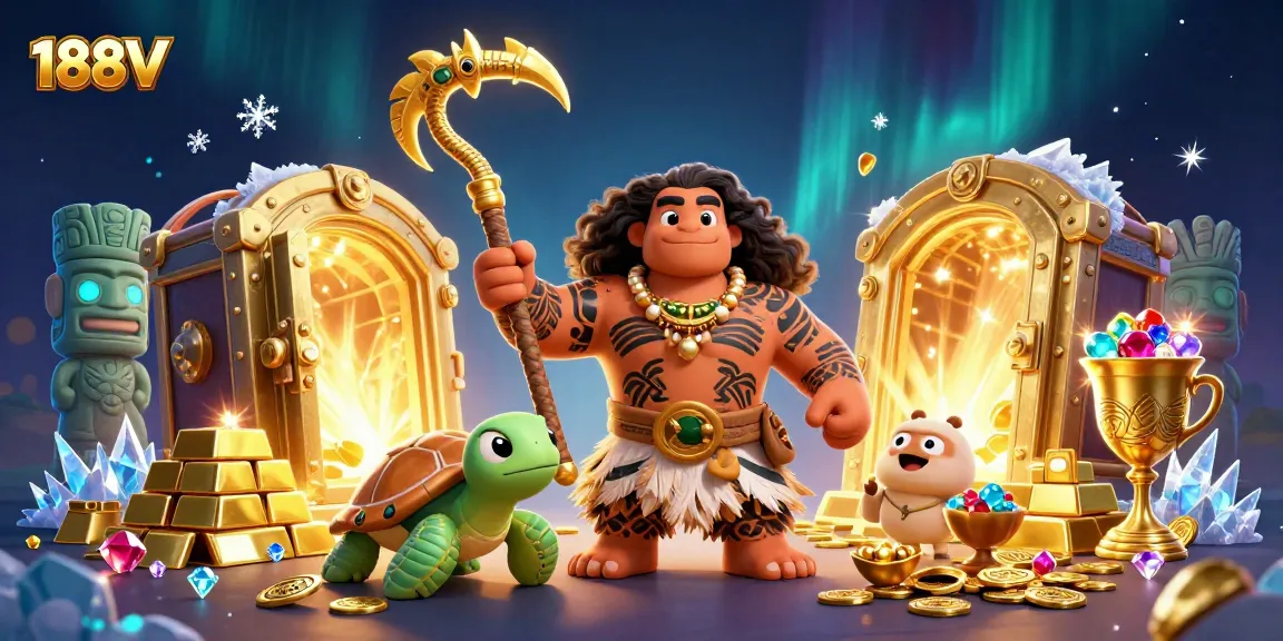 188V promotes thrilling casino adventures with rich, dynamic gaming visuals featuring Polynesian characters and treasures.