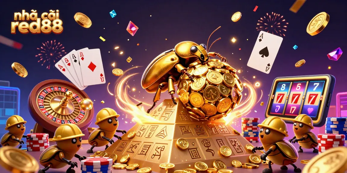 Engaging scene of a golden dung beetle at nhà cái red88 rolling coins, showcasing vibrant casino action.