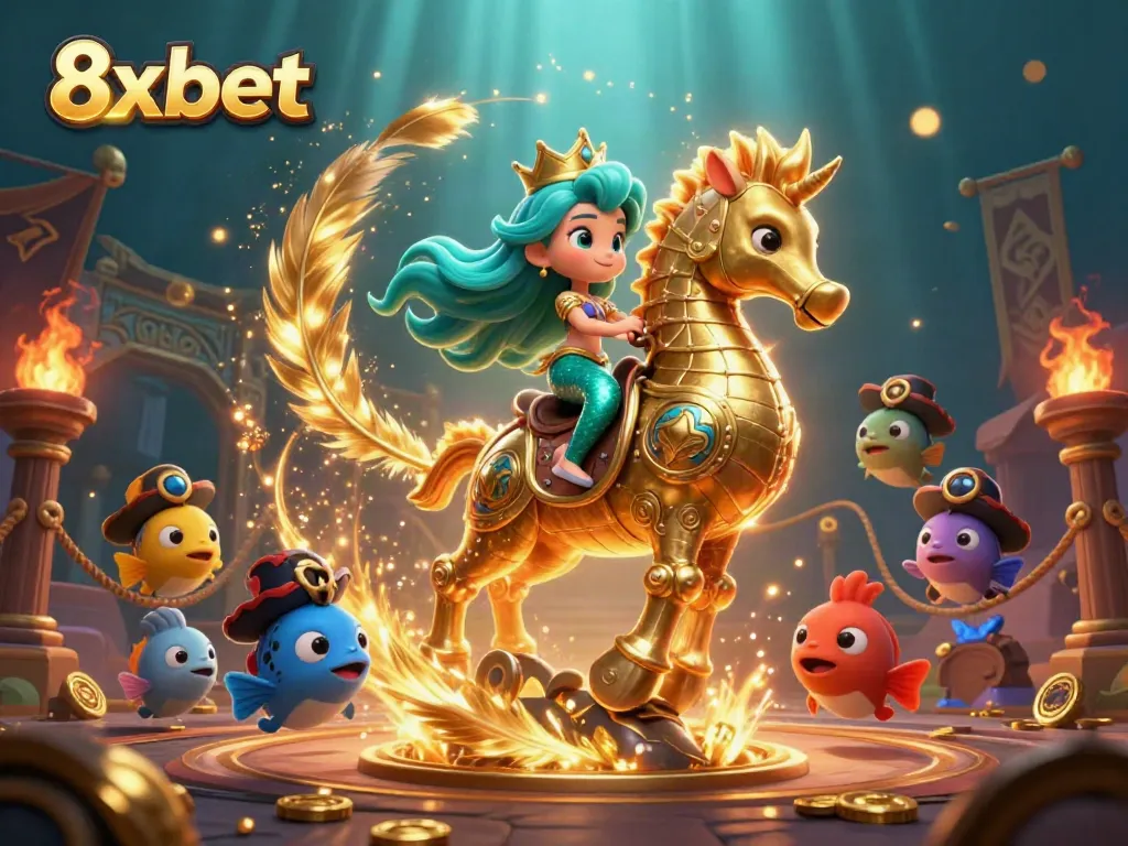Join the adventure in 8xbet with mermaid princess and her seahorse companion, surrounded by colorful fish allies.