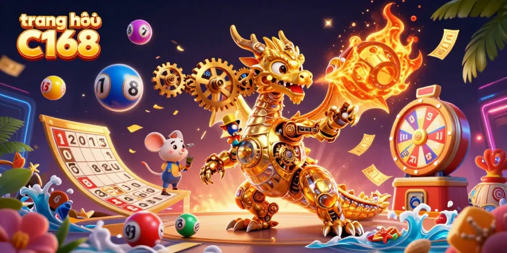 Experience vibrant gaming action at trang chủ C168 with a golden dragon and colorful casino elements.