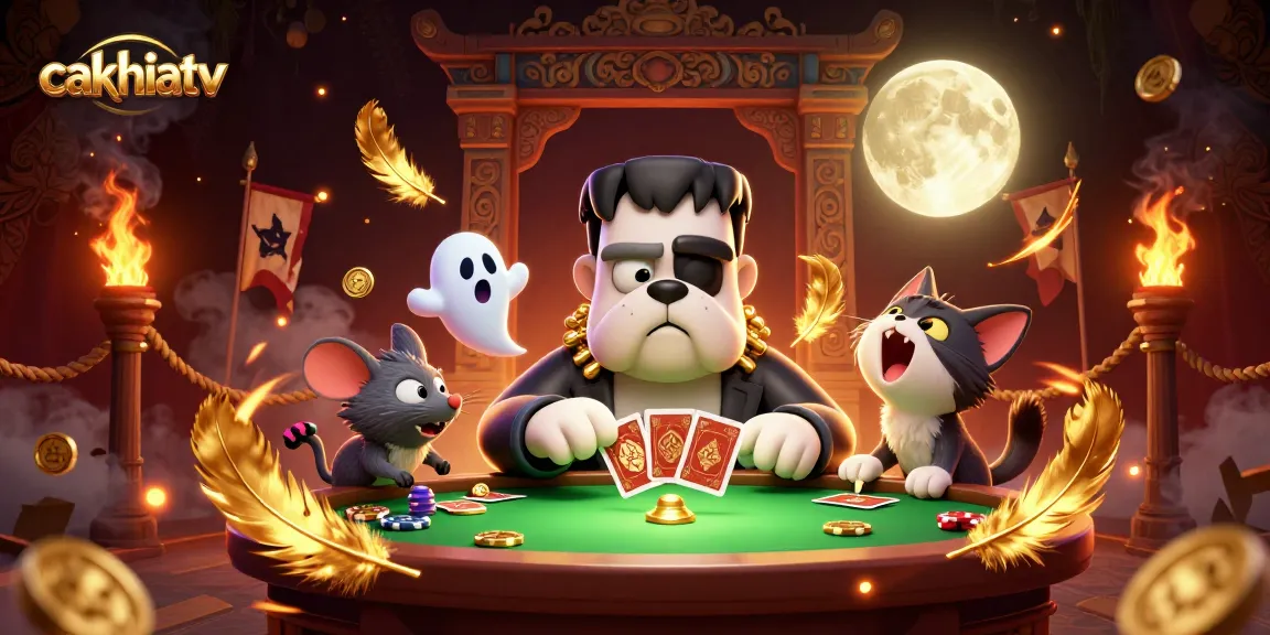 Cakhiatv showcases a lively casino scene with unique characters dealing cards and chips amidst sparkling elements.