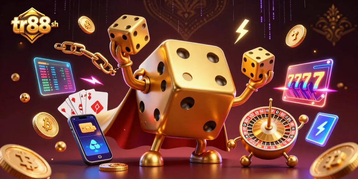 Engage with the thrilling world of tr88 sh as golden dice juggle amidst vibrant casino elements like slot reels and Bitcoin coins.