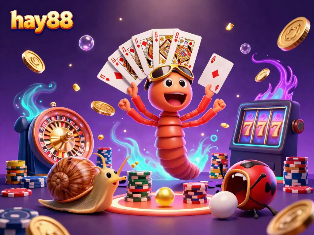 Engage with the vibrant world of hay88 through a lively 3D casino scene featuring whimsical characters and dynamic gaming elements.
