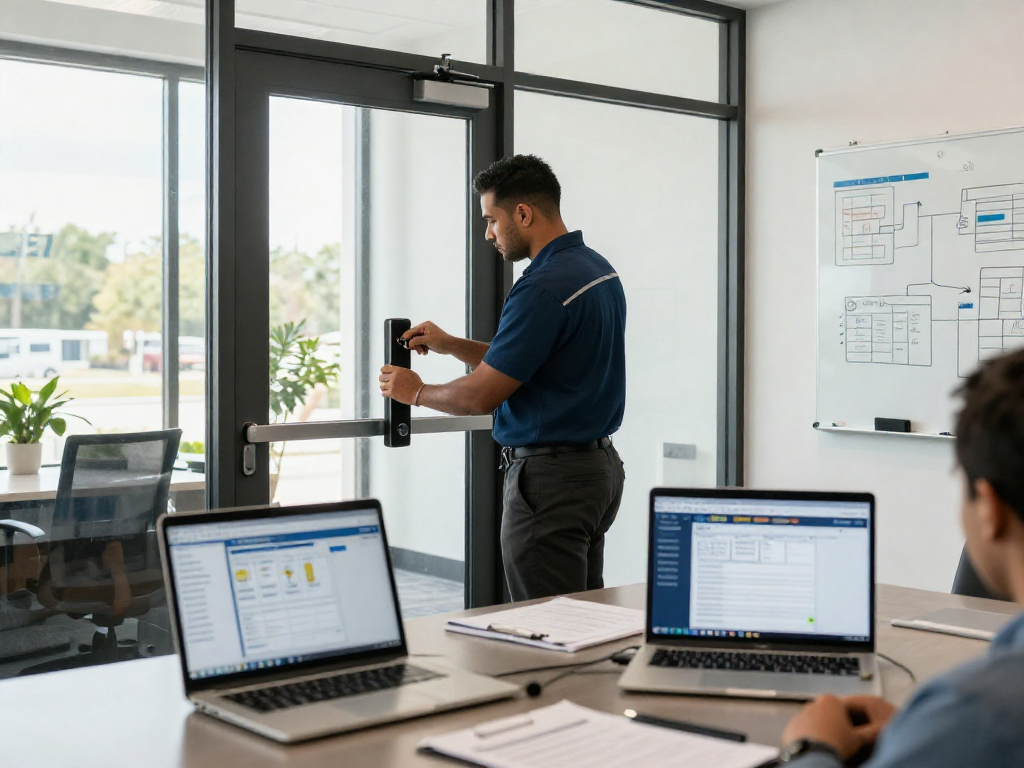 Commercial locksmith Port St. Lucie technician installing advanced security lock in a contemporary office, showcasing professionalism and trust.