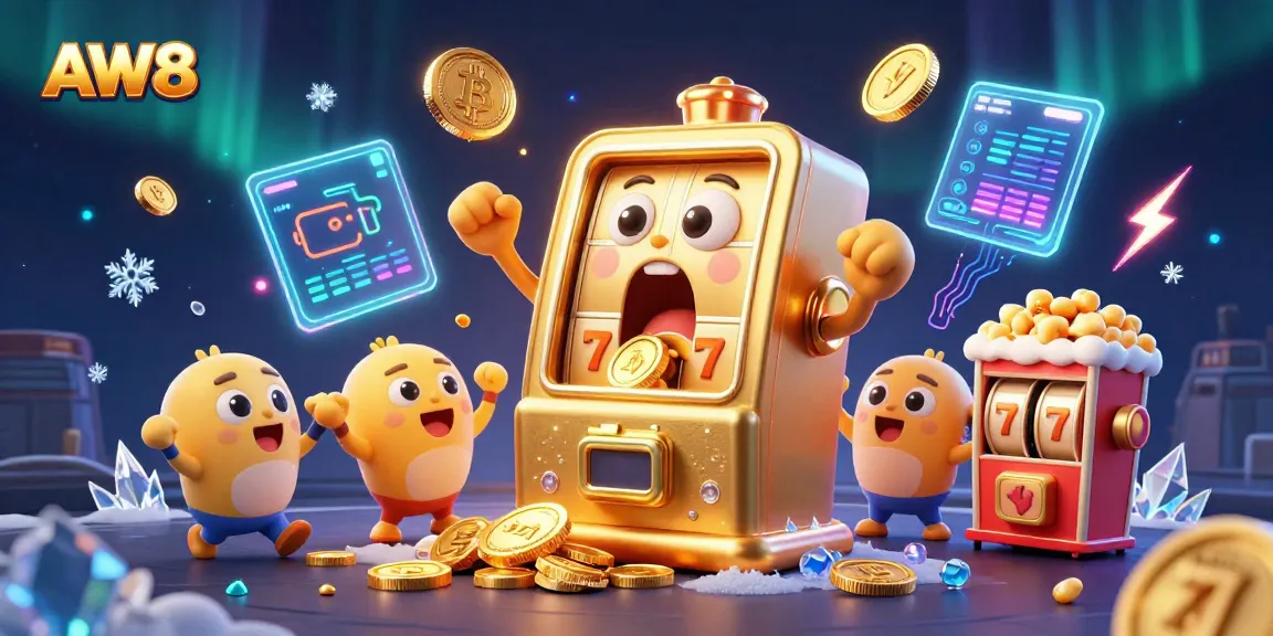 AW8 slot machine surprises players with a jackpot celebration amidst coins and crypto elements.