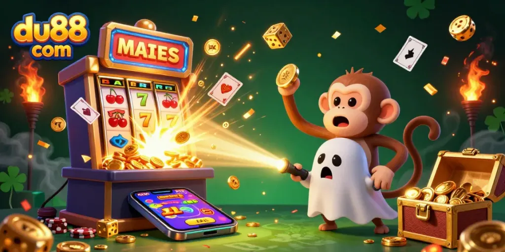 Engage with du88 com in a vibrant haunted casino scene featuring a playful poltergeist monkey juggling golden elements.