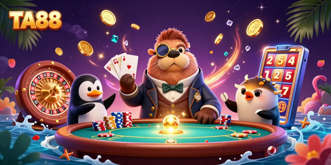 Engage with TA88’s vibrant underwater poker scene featuring a jolly walrus and dealer penguin.