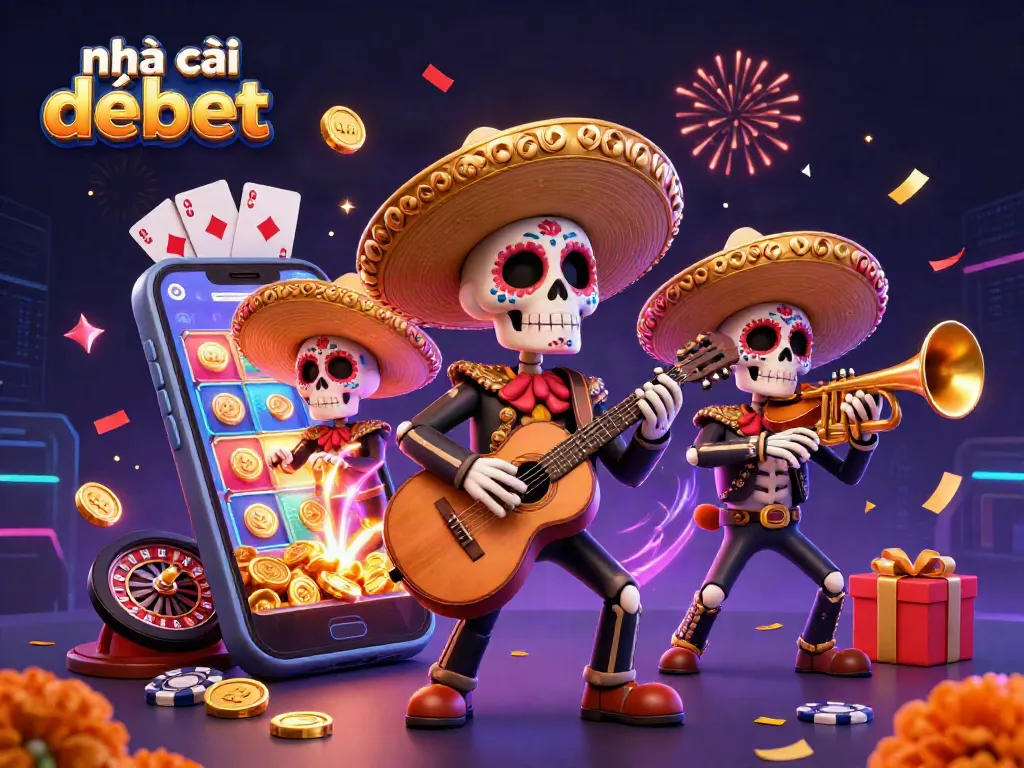 Experience the excitement at nhà cái debet with vibrant casino elements and festive skeleton mariachis.