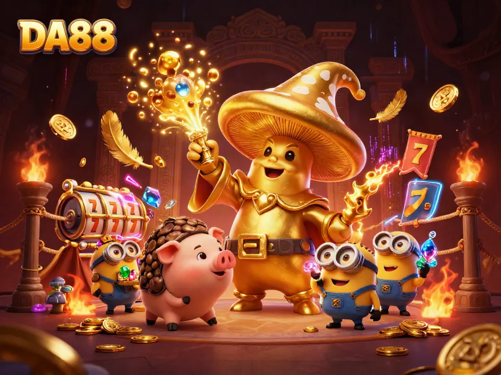 DA88 casino scene featuring a wizard, truffle pig, and gemstones amidst vibrant gaming elements.