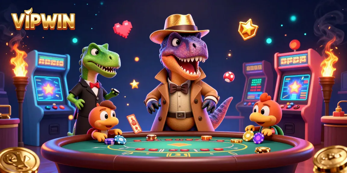 VIPWIN offers a dynamic blackjack experience with a sly velociraptor and vibrant casino elements.
