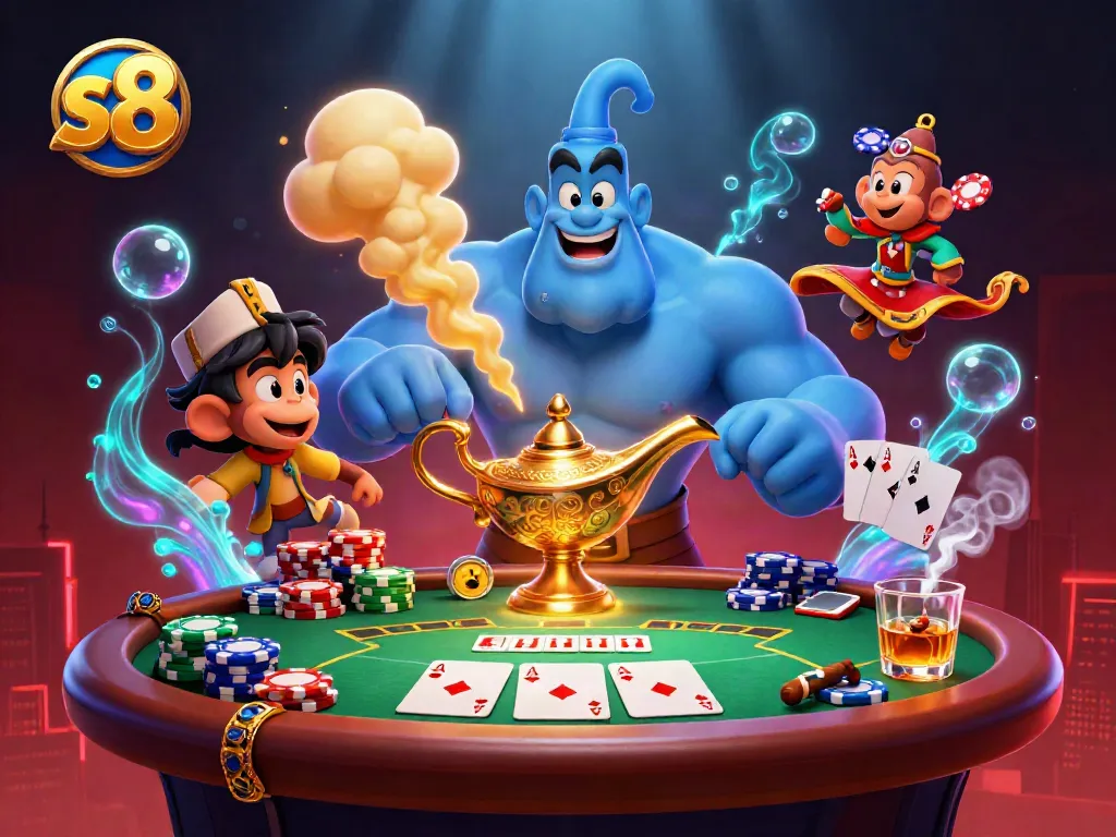 Engage in thrilling poker adventures with s8 featuring a genie, monkey, and vibrant casino elements.
