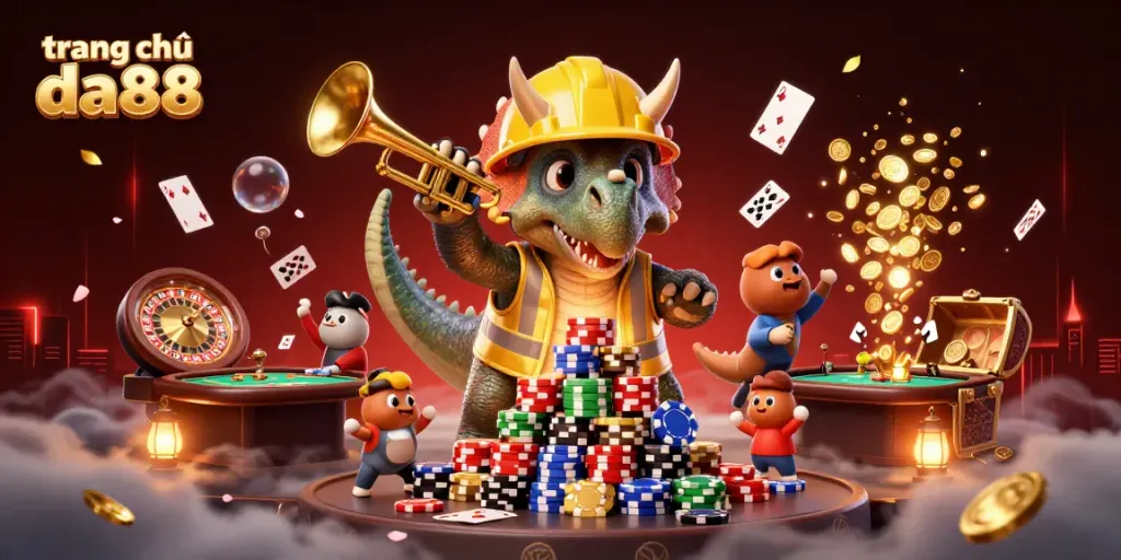 Engage with the thrilling world of trang chủ da88, showcasing an exciting 3D casino scene full of action and vivid colors.