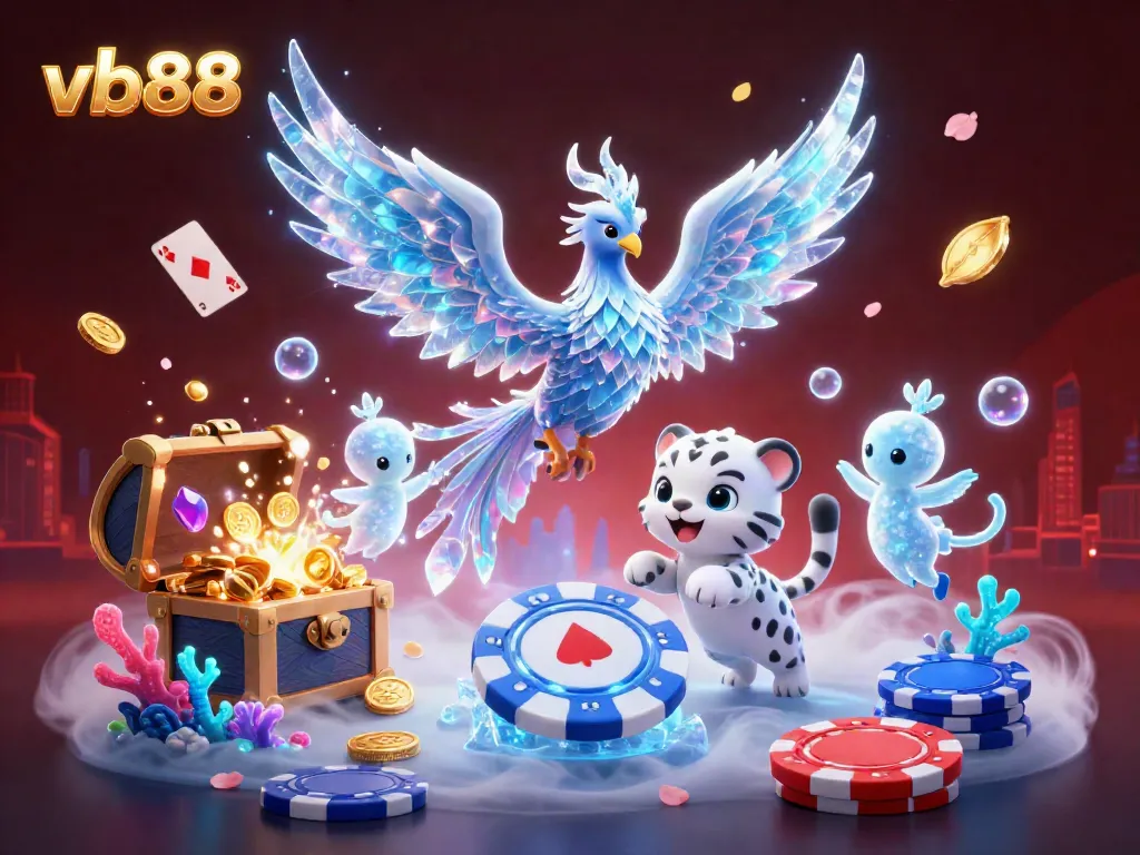 Engage with vb88's vibrant gaming scene featuring an ice phoenix and playful characters amidst casino elements.