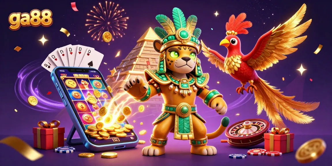 Play with ga88's thrilling games featuring a Mayan jaguar priest, slot reels, and vibrant casino elements.