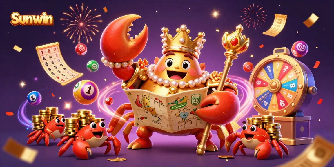 Engage with Sunwin's gaming adventure featuring a golden crab emperor amidst vibrant casino elements.