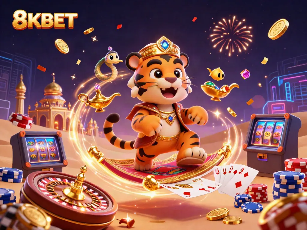Experience the thrill of 8KBET with a vibrant Arabian Nights-themed casino scene featuring a tiger sultan and magical surroundings.