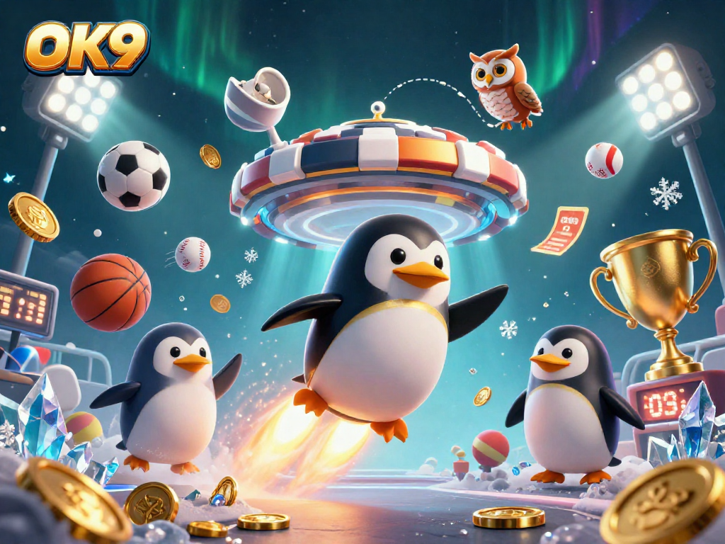 Experience the excitement of OK9 with a dynamic 3D illustration of a golden penguin launching towards a casino!