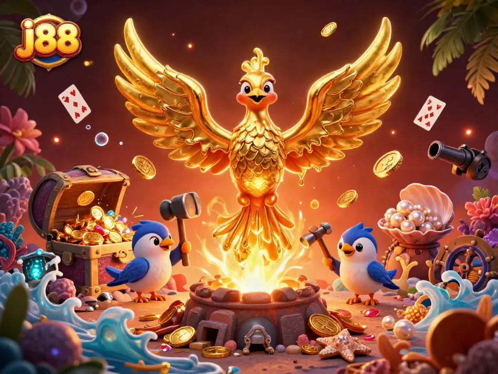 Experience j88 gameplay with a golden phoenix rising amidst treasures and thrilling casino elements.