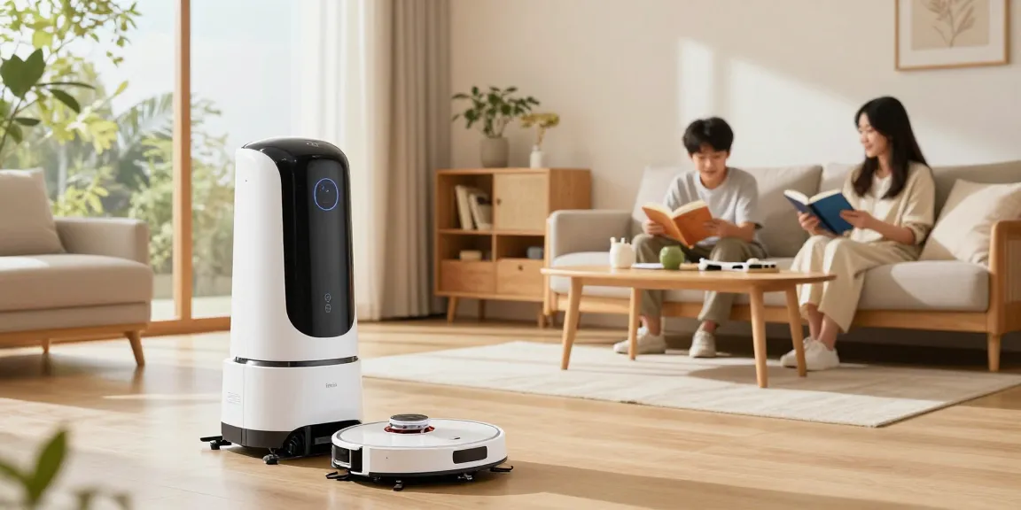 Home robot efficiently vacuuming in a bright modern living room, enhancing household convenience.