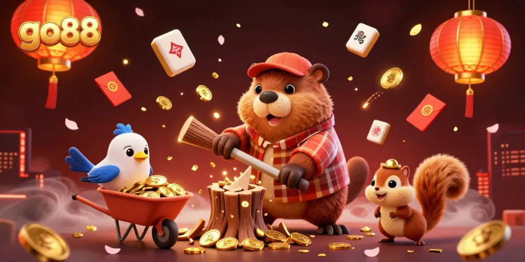 Play games and collect winnings at go88 with animated characters amidst festive casino elements.