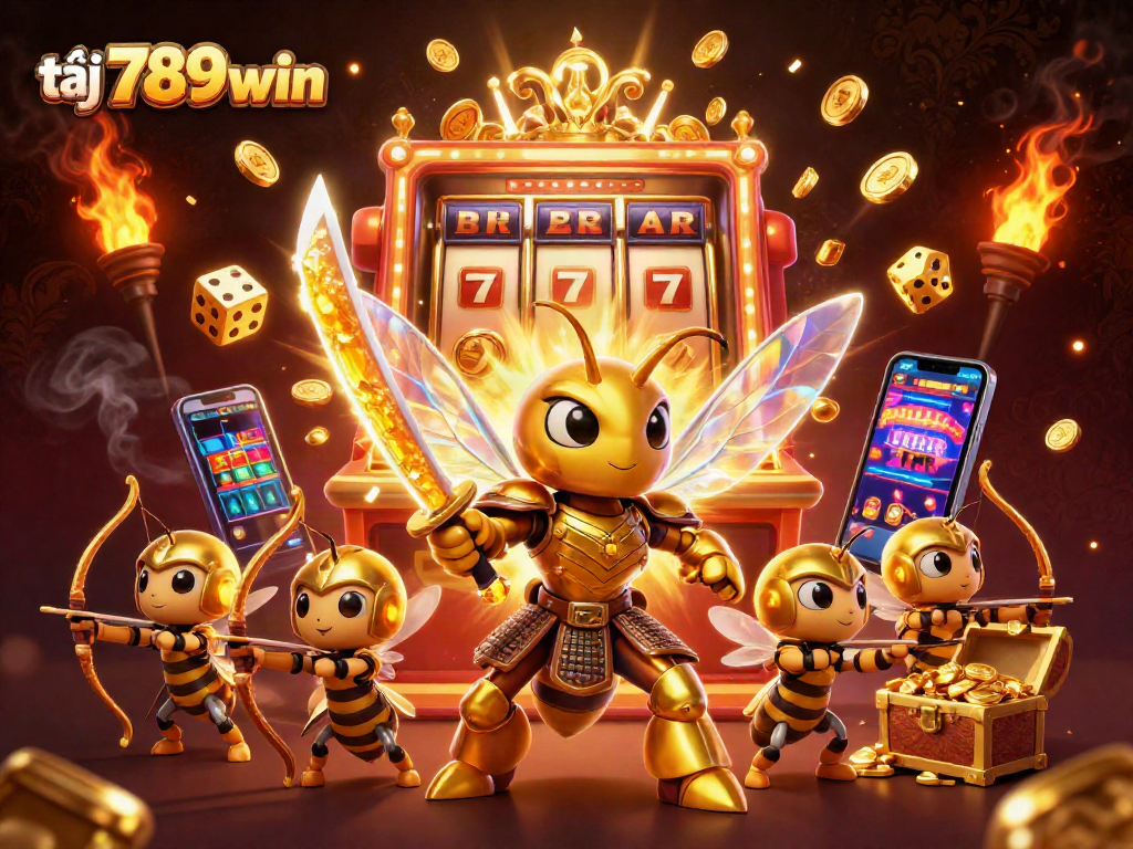Win big at tại 789win with vibrant 3D gambling illustration featuring colorful slot machines and golden treasures.