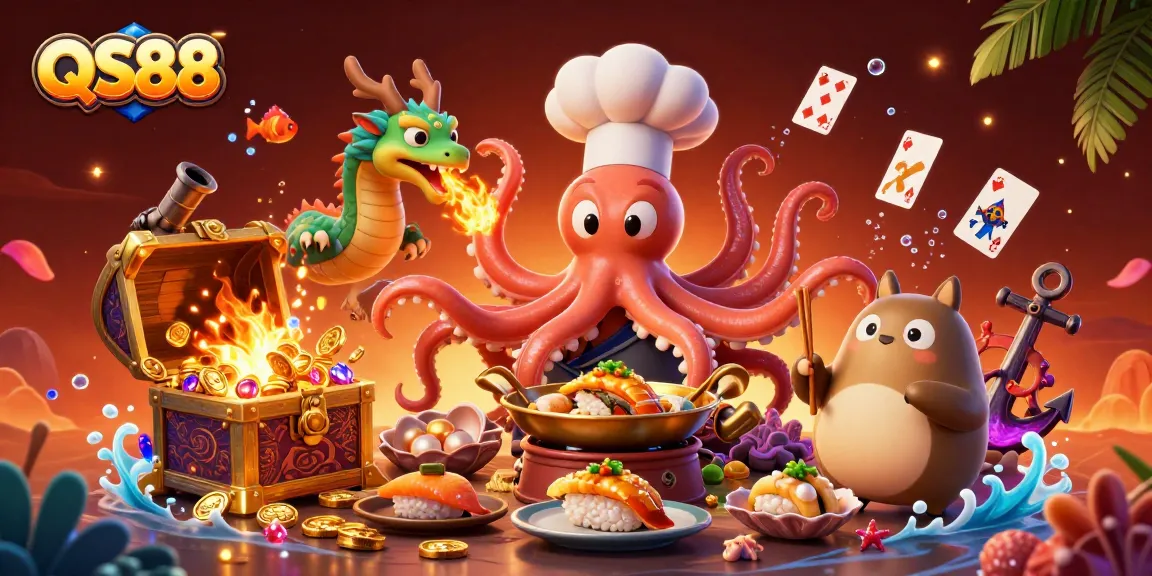 Experience the excitement of QS88 with a vibrant underwater casino scene featuring dynamic characters and rich treasures.