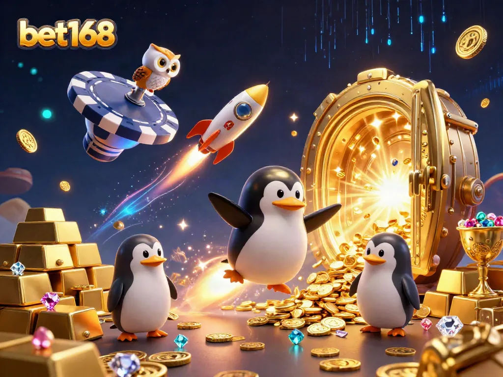 Experience the thrill of bet168 with a golden penguin soaring through a cosmic casino scene filled with riches.