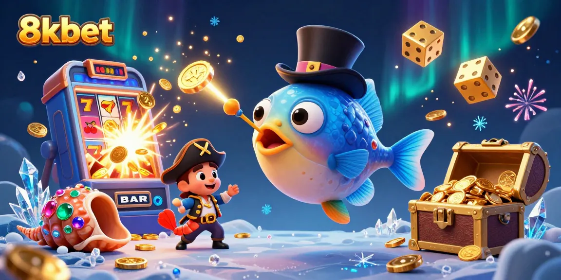 Join the adventure with 8xbet in this vibrant treasure-filled casino scene featuring an anglerfish and friends.