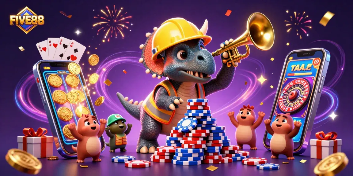 FIVE88 showcases a vibrant casino celebration with triceratops, poker chips, and slot games.