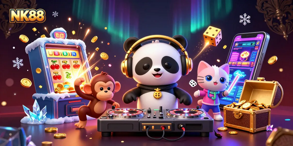 Experience vibrant casino action with NK88 in a lively 3D illustration of gaming fun.