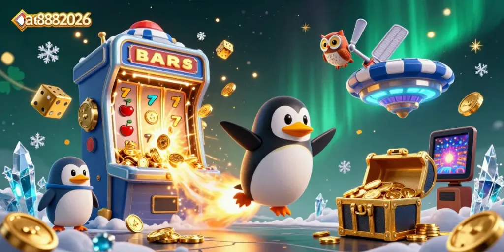 Experience the excitement of ae8882026 with a dynamic scene of gaming fun featuring a rocket-powered penguin in a vibrant casino universe.