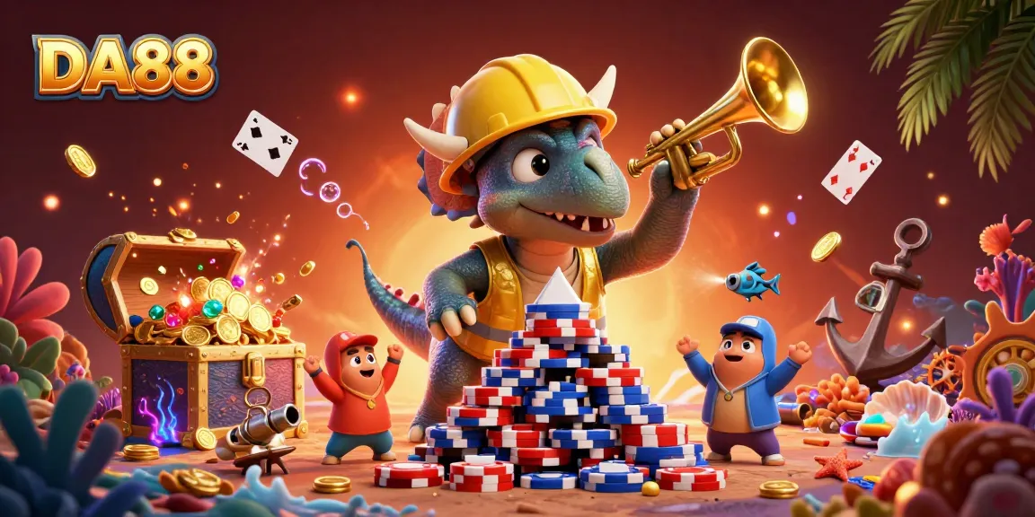 DA88 brings excitement with cartoon dinosaurs celebrating amidst vibrant casino treasures and engaging gameplay elements.