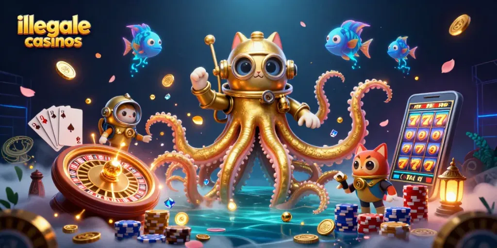 Speel in illegale casinos met een kleurrijke scène vol schatten en spellen.
