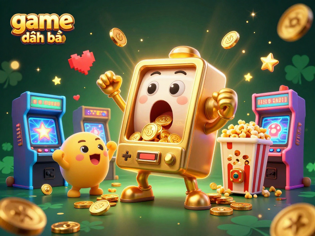 Engage with the vibrant world of game đánh bài as gold coins spill from a jubilant slot machine.